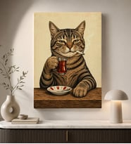 BK Gift Çay İçen Sigaralı Tekir Kedi Portresi Mizahi Retro Mutfak Kafe Kanvas Duvar Tablosu 50x70 cm