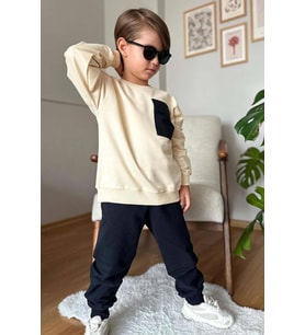 Erkek Çocuk Kapak Cepli Bisiklet Yaka Sweatshirt Krem Eşofman Takım