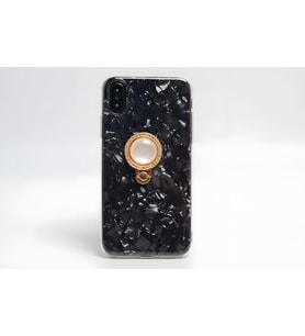 İphone X / XS Kılıf Parlak Mermer Desenli Yüzüklü Vista Silikon Kılıf (Siyah)