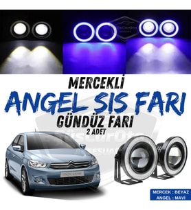 Citroen C Elysee 2012-2023 Uyumlu Mercekli Angel Sis Farı Metal 76 mm Mavi Halkalı Gündüz Farı 2 Ad