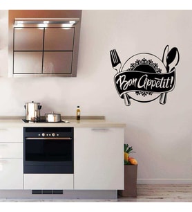 Bon Appetit Yazılı Servis Tabağı Sembollü Silüeti Dekoratif Mutfak Duvar Sticker, Çıkartma