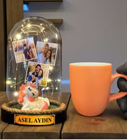 Sizlere Özel Tasarım Led Işıklı Fanus ve Turuncu Kupa Bardak Hediye Seti (Model 5)