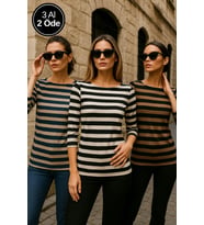 Kadın 3'lü Paket Çizgili Beyaz-Kahverengi-Bej 3/4 Kol Kayık Yaka Basic Bluz