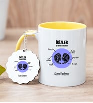Kişiye Özel İkizler Burcuna Hediye Sarı Kupa Bardak ve Anahtarlık
