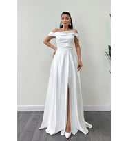 Saten Kumaş Büzgülü Askılı Abiye Elbise - BEYAZ