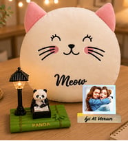 Kişiye Özel Fotoğraflı Sevimli Panda Masa Lambası & Kedi Yastık