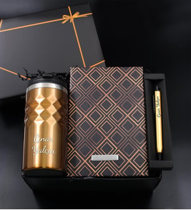 Kişiye Özel Gold Geometrik Termos & Gold Kareli Defter & Gold Kalem - Ofis Hediye Seti