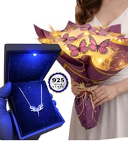 Işıklı Kutusunda 925 Ayar Gümüş Kolye ve Led Işıklı Kelebek Buketi Hediye Seti (Model 4)
