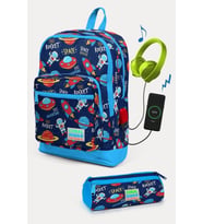 Coral High Kids Lacivert Mavi Uzay Desenli USB'li 2'li Okul Çanta Seti - Erkek Çocuk