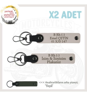 Motosiklet Maceracılarına İsim Plaka ve B Rh (-) Kan Grubu Yazılı Deri x2 Anahtarlık Seti, Pudra-Ysl (Çok Renkli)