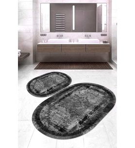 Dijital Baskılı Kaymaz Taban Yıkanabilir Oval 2'li Klozet Takımı Banyo Paspası NOKZ-SD-278 (Siyah)