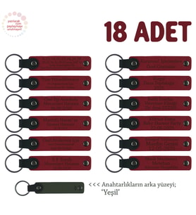 Şirket İçin Hazırlanan Kurumsal Hediye, 18'li Set, İsim Yazılabilir Deri Anahtarlık, Kırmızı & Yeşil