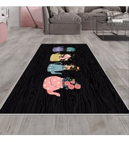 Siyah Çaydanlık Motifli Yıkanabilir Kaymaz Taban Leke Tutmaz Modern Salon Halısı ve Yolluk (Siyah-Pembe)