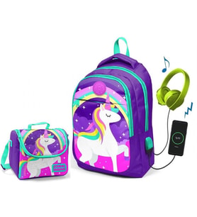 Coral High Kids Mor Unicorn Okul ve Beslenme Çantası - Kız Çocuk  - USB Soketli
