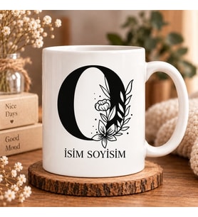 Kişiye Özel Baş Harf ve İsim Yazılı Çiçek Motifli O Harfli Seramik Kupa Bardak