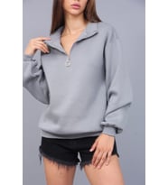 Hande Kadın Yarım Fermuarlı Yaka Üç İplik Sweatshirt HANDE-3785 (Füme)