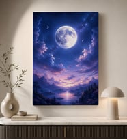 BK Gift Dolunay ve Yıldızlı Gökyüzü Dağ Göl Manzaralı Fantastik Gece Kanvas Duvar Tablosu 50x70 cm