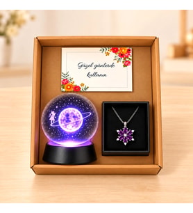 Kişiye Özel Hediyezin Sevgiliye Özel Satürn Kız Işıklı Cam Küre Lotus Kolye Hediye Seti Hediye Kutulu