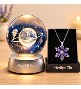 Kişiye Özel Hediyezin Sevgiliye Özel Satürn Kız Işıklı Cam Küre Lotus Kolye Hediye Seti Hediye Kutulu