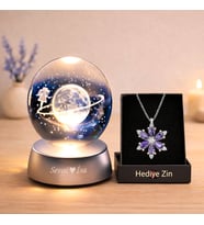 Kişiye Özel Hediyezin Sevgiliye Özel Satürn Kız Işıklı Cam Küre Lotus Kolye Hediye Seti Hediye Kutulu