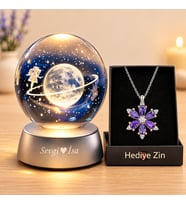 Kişiye Özel Hediyezin Sevgiliye Özel Satürn Kız Işıklı Cam Küre Lotus Kolye Hediye Seti Hediye Kutulu
