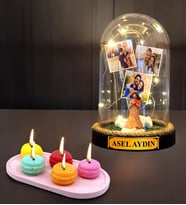Kişiye Özel Hediye Seti  Led Işıklı İsimli ve 3 Fotoğraflı Fanus & Makaron Kokulu Mum (Model 9)