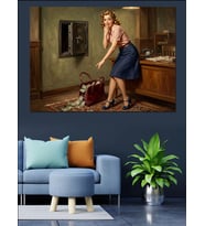 Kasa Açmaya Çalışan Retro Kadın Dekoratif Kanvas - Mdf Ahşap Tablo