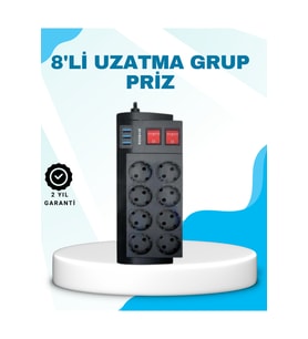 Isıya Dayanıklı Termal Akım Korumalı 8'li Priz ve 3 USB Girişli Uzatma Kablosu