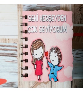 Ahşap Kapaklı Seni Herşeyden Çok Seviyorum Spiralli Not Defter 9x12
