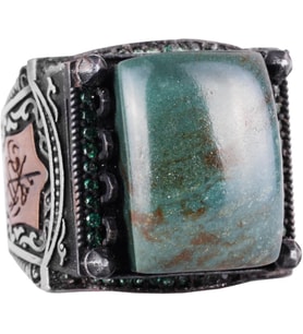 Sterling Gümüş Erkek Yüzük - Doğal Jade Taşlı - İslami Tasarım - El Yapımı Vintage Yüzük