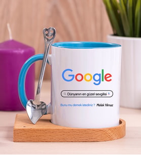 Kişiye Özel Google Tasarım Esprili Ahşap Altlıklı Mavi Kupa Bardak