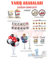 Yarış Arabaları Temalı Orta Parti Seti 8 Kişilik Banner Ayaklı Pano Balon Standlı Doğum Günü Seti (Kırmızı-Siyah)
