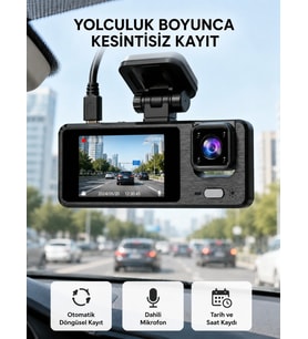 3 Kameralı Araç DVR 1080P Ön + HD Arka + İç Kamera Döngü Kayıt 2’’ Ekran