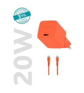 Ttec Smartcharger Gan 20W Pd Seyahat Hızlı Şarj Aleti + Usb-C - Usb-C 3A Kablo Neon Turuncu 2SCG20CN