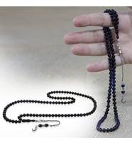 Sıkma Kehribar Namaz Tesbihi - 925 Ayar Gümüş Vav Püsküllü - Süzme Mavi Siyah - Küre Kesim