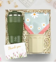 Kişiye Özel Yeşil 500 Ml Çelik Termos & Sarı Kupa & Desenli Fular Hediye Seti