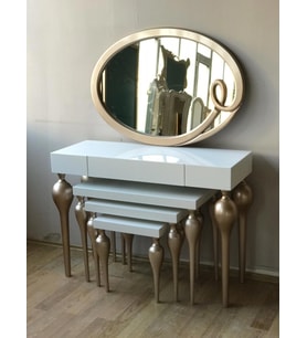 Dresuar-Tombu 18217 Zigon İmza Oval ayna Kayın MDF ayak Tabla Gold-Beyaz UYUM