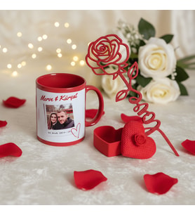 Sevgililer Günü Özel 3’lü Hediye Seti  Kupa Bardak + 3D Kalpli Takı Kutusu + 3D Love Gül Baskı