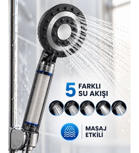 Siyah Filtreli Duş Başlığı 5 Farklı Su Akışı Masaj Etkili Klor ve Kireç Filtreleme