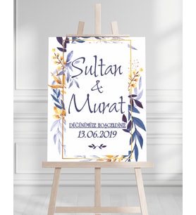 Söz Nişan Düğün İçin 50x70 Karşılama Panosu - Mavi Renk Çiçek Temalı 04