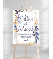 Söz Nişan Düğün İçin 50x70 Karşılama Panosu - Mavi Renk Çiçek Temalı 04