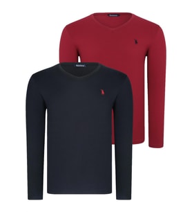 İKİLİ SET T8587 DEWBERRY V YAKA ERKEK SWEATSHIRT-SİYAH-BORDO