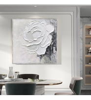 Tablolife Soyut Beyaz Gül 3D Yoğun Yağlı Boya Dokulu Tablo Gümüş Çerçeve