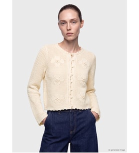 LCW Comfort Ekru Bisiklet Yaka Ajurlu Kadın Triko Hırka