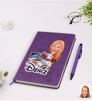 BK Gift Kişiye Özel Kadın Bankacı Karikatürlü Mor Termo Deri Defter Kalem Seti Model 1