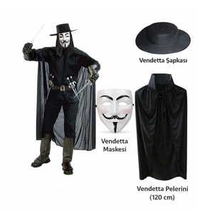Vendetta Kostüm Seti – Şapka Maske Pelerin (120 cm)