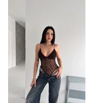 Dantel Detaylı Derin Dekolte Body Şık Kolsuz Yazlık Bodysuit - Kahvrenegi