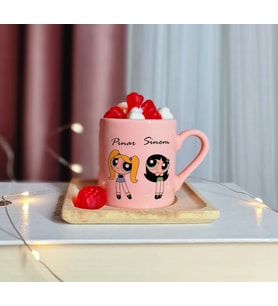 Power Puff Girls Tasarımlı Kişiye Özel Pembe Türk Kahvesi Fincanı