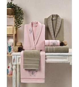 Kristal Soft Jakarlı Aile Bornoz Seti - 6 Parça - %100 Pamuk - Orijinal Kutulu