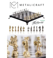 MC42 Antik Roma Metal Satranç Takımı - Mermer Desenli 25cm Tahta – El Yapımı Taşlar (Sarı)